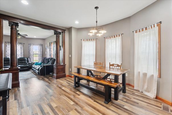 Dining room, Interior, Living room, Pendant Lights, Recessed Lighting, Wood Texture Flooring