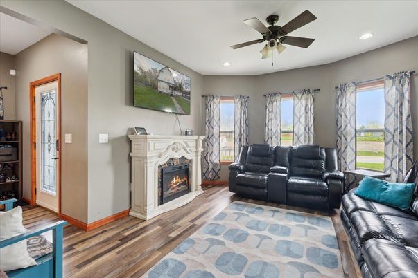 Fireplace, Interior, Living room, Recessed Lighting, Wood Texture Flooring
