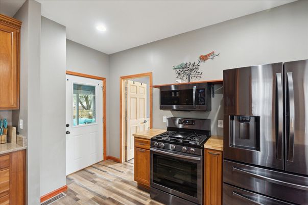 Interior, Kitchen, Recessed Lighting, Stainless Steel Appliances, Wood Texture Flooring