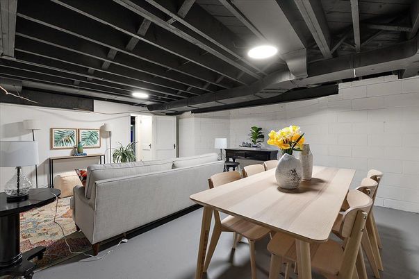 Dining room, Interior, Living room, Recessed Lighting, Stone Walls