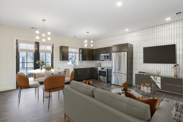 Dining room, Interior, Kitchen, Living room, Pendant Lights, Recessed Lighting, Stainless Steel Appliances, Wood Texture Flooring