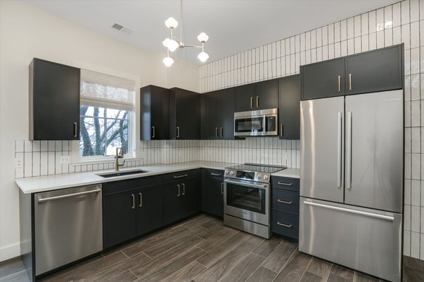 Interior, Kitchen, Pendant Lights, Stainless Steel Appliances, Wood Texture Flooring