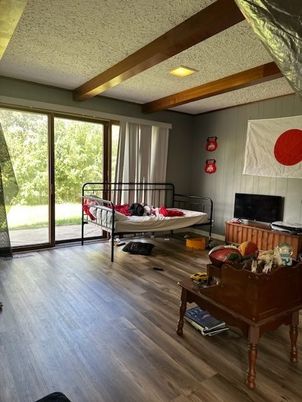 Bedroom, Interior, Recessed Lighting, Wooden Beams, Wood Texture Flooring