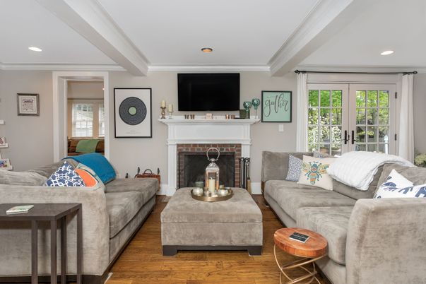 Fireplace, Interior, Living room, Recessed Lighting, Wood Texture Flooring