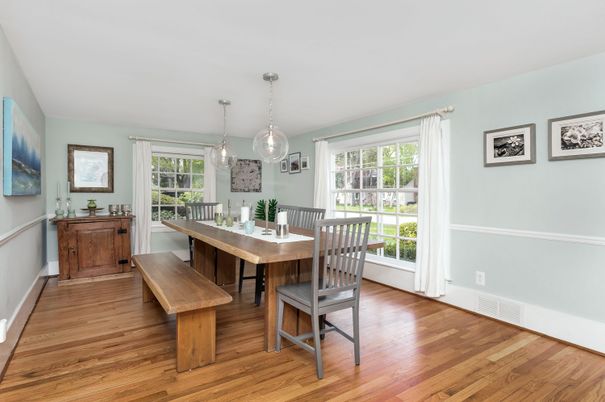 Dining room, Interior, Pendant Lights, Wood Texture Flooring