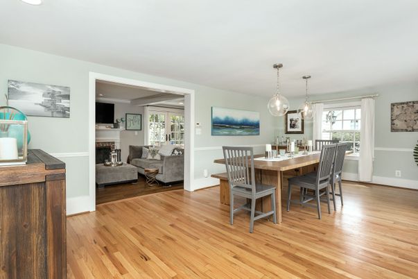 Dining room, Fireplace, Interior, Living room, Pendant Lights, Wood Texture Flooring