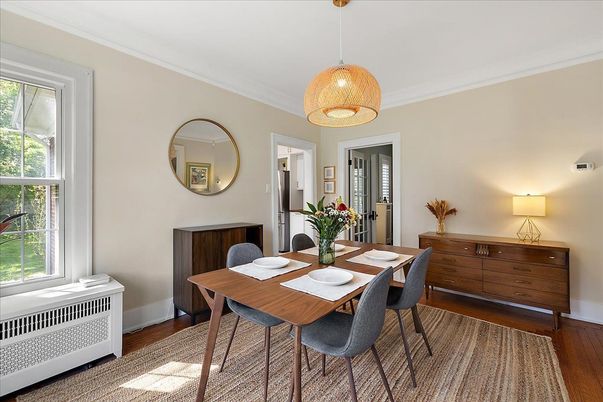 Dining room, Interior, Pendant Lights, Wood Texture Flooring