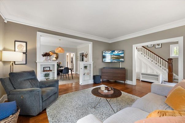 Dining room, Interior, Living room, Pendant Lights, Wood Texture Flooring
