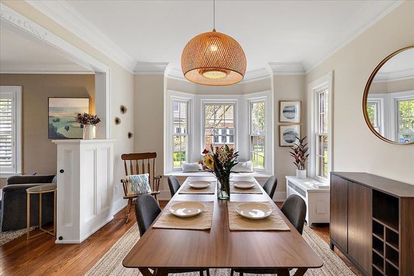 Dining room, Interior, Pendant Lights, Wood Texture Flooring