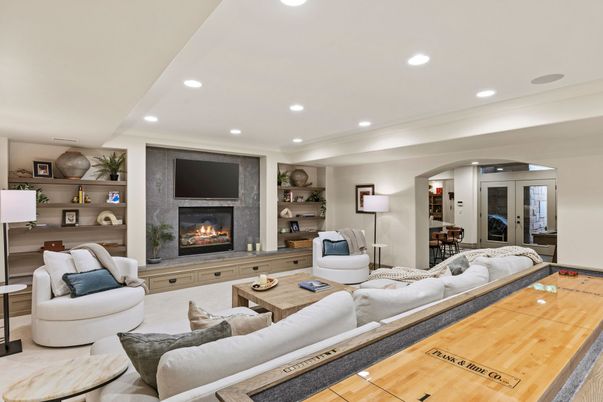 Fireplace, Interior, Living room, Recessed Lighting, Wood Texture Flooring