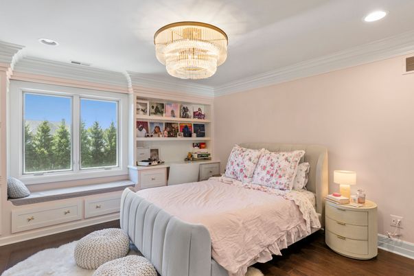 Bedroom, Chandelier, Interior, Recessed Lighting, Wood Texture Flooring