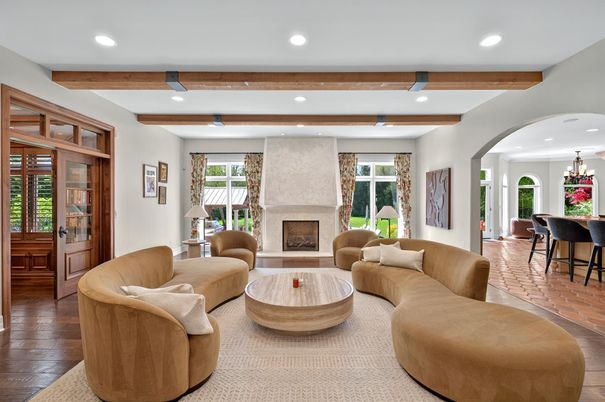 Chandelier, Dining room, Fireplace, Interior, Living room, Recessed Lighting, Wooden Beams, Wood Texture Flooring