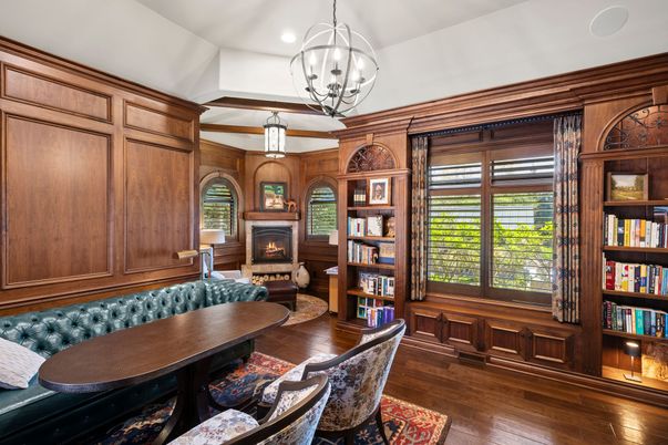 Fireplace, Interior, Living room, Pendant Lights, Recessed Lighting, Wood Texture Flooring, Wooden Walls