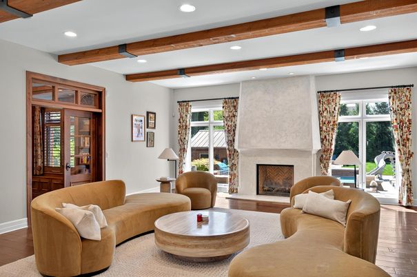 Fireplace, Interior, Living room, Recessed Lighting, Wooden Beams, Wood Texture Flooring