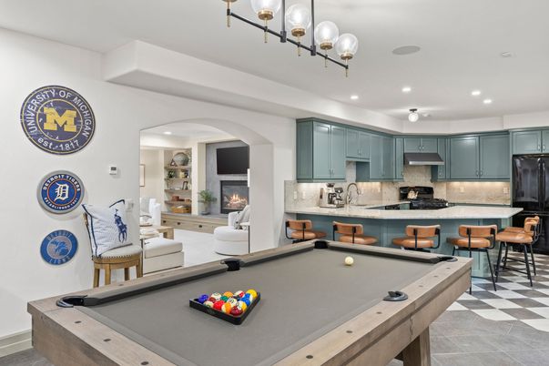 Billiard Table, Fireplace, Game Room, Interior, Kitchen, Recessed Lighting, Stainless Steel Appliances