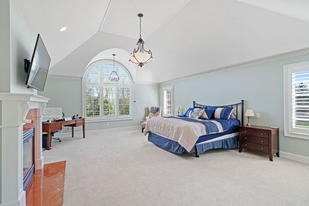 Bedroom, Fireplace, Home Office, Interior, Pendant Lights, Recessed Lighting