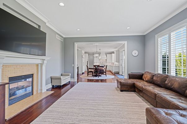 Dining room, Fireplace, Interior, Kitchen, Living room, Pendant Lights, Recessed Lighting, Wood Texture Flooring
