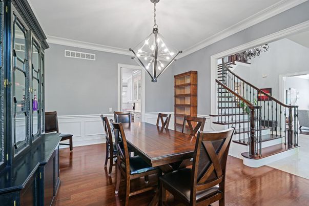 Dining room, Interior, Pendant Lights, Wood Texture Flooring
