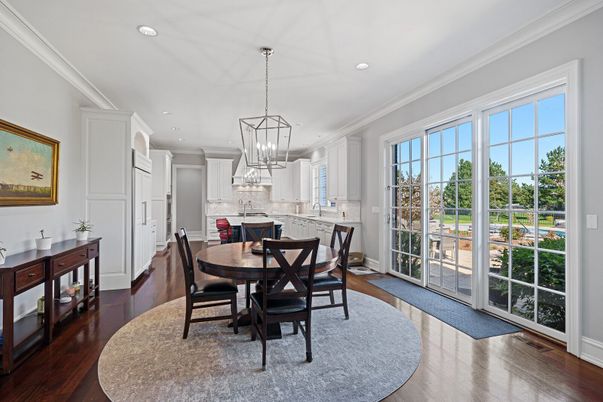 Dining room, Interior, Kitchen, Pendant Lights, Recessed Lighting, Wood Texture Flooring