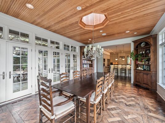 Chandelier, Dining room, Interior, Kitchen, Pendant Lights, Recessed Lighting, Wooden Ceilings