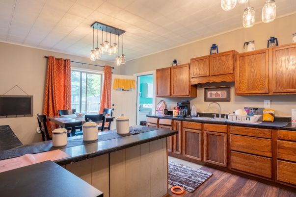 Dining room, Interior, Kitchen, Pendant Lights, Wood Texture Flooring