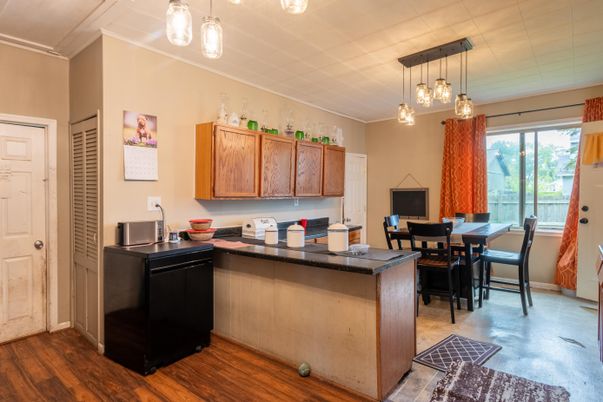 Dining room, Interior, Pendant Lights, Wood Texture Flooring