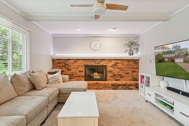 Fireplace, Interior, Living room, Recessed Lighting, Stone Walls