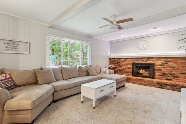 Fireplace, Interior, Living room, Recessed Lighting, Stone Walls
