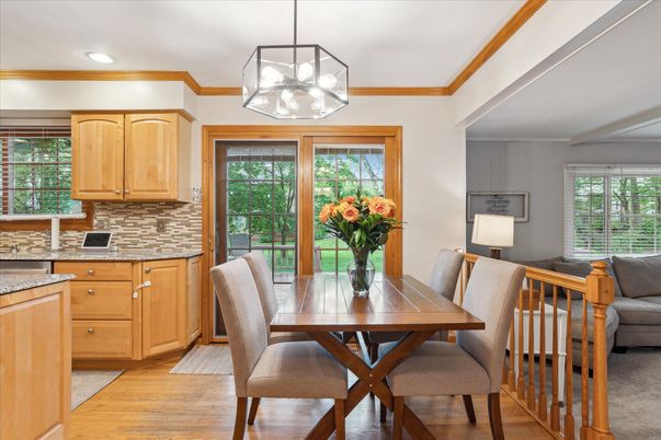 Dining room, Interior, Pendant Lights, Recessed Lighting, Wood Texture Flooring