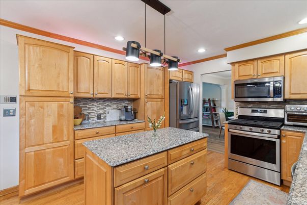 Interior, Kitchen, Pendant Lights, Recessed Lighting, Stainless Steel Appliances, Wood Texture Flooring