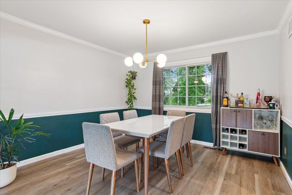 Dining room, Interior, Pendant Lights, Wood Texture Flooring