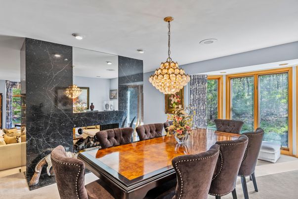 Chandelier, Dining room, Fireplace, Interior, Recessed Lighting