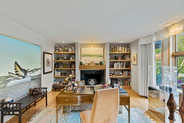 Fireplace, Home Office, Interior, Recessed Lighting, Wood Texture Flooring