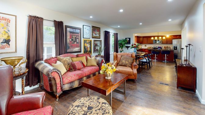 Dining room, Interior, Kitchen, Living room, Recessed Lighting, Wood Texture Flooring