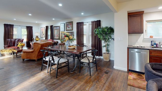 Dining room, Interior, Kitchen, Living room, Recessed Lighting, Wood Texture Flooring