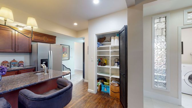 Interior, Kitchen, Recessed Lighting, Washer, Wood Texture Flooring