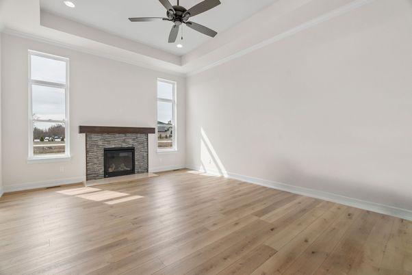 Empty room, Fireplace, Interior, Recessed Lighting, Wood Texture Flooring