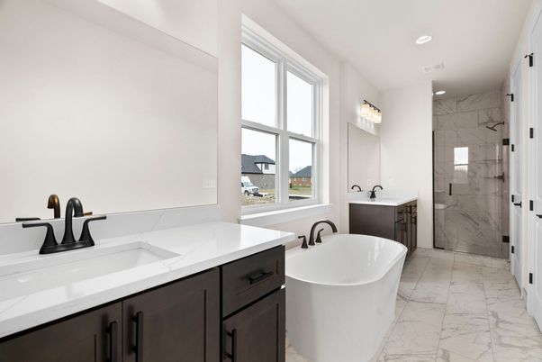 Bathroom, Dual Sink Vanities, Free Standing Baths, Glass Shower, Interior, Marble, Marble Walls, Recessed Lighting
