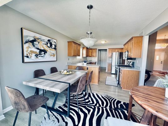 Dining room, Interior, Kitchen, Pendant Lights, Wood Texture Flooring