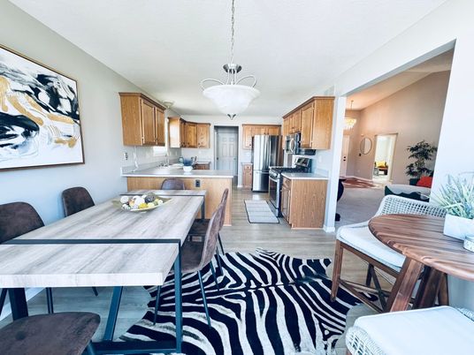 Dining room, Interior, Kitchen, Pendant Lights, Stainless Steel Appliances, Wood Texture Flooring