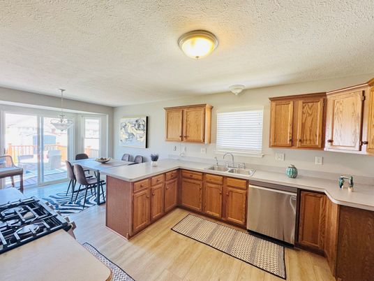 Dining room, Interior, Kitchen, Pendant Lights, Wood Texture Flooring
