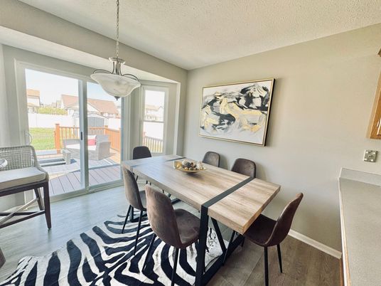Dining room, Interior, Pendant Lights, Wood Texture Flooring