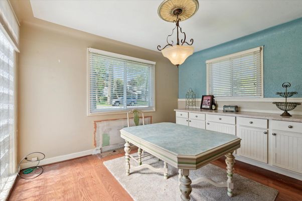 Dining room, Interior, Pendant Lights, Wood Texture Flooring