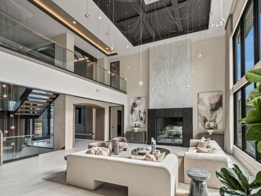 Fireplace, Interior, Living room, Marble Walls, Pendant Lights, Recessed Lighting