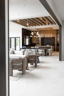 Dining room, Interior, Living room, Pendant Lights, Wooden Beams