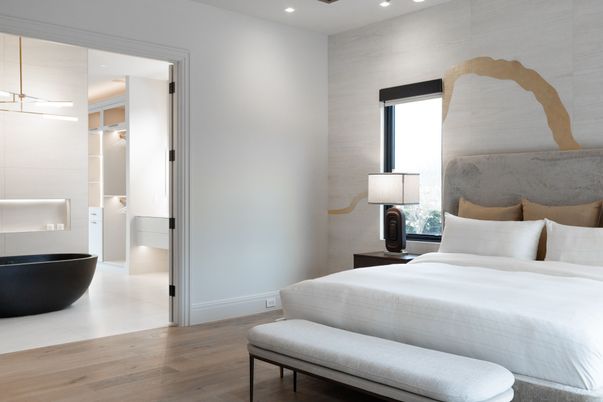 Bedroom, Interior, Recessed Lighting, Wood Texture Flooring