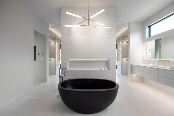 Bathroom, Dual Sink Vanities, Free Standing Baths, Interior, Pendant Lights, Recessed Lighting