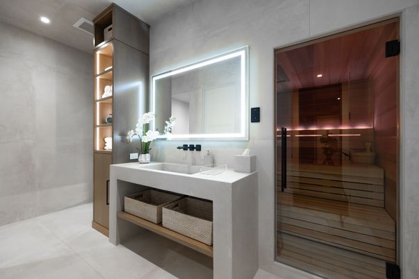 Bathroom, Glass Shower, Interior, Recessed Lighting, Sauna Room