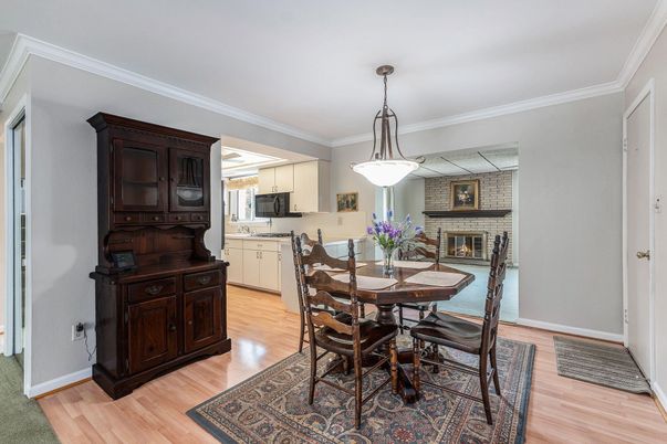 Dining room, Fireplace, Interior, Kitchen, Pendant Lights, Stone Walls, Wood Texture Flooring