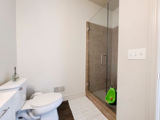 Bathroom, Glass Shower, Interior, Wood Texture Flooring